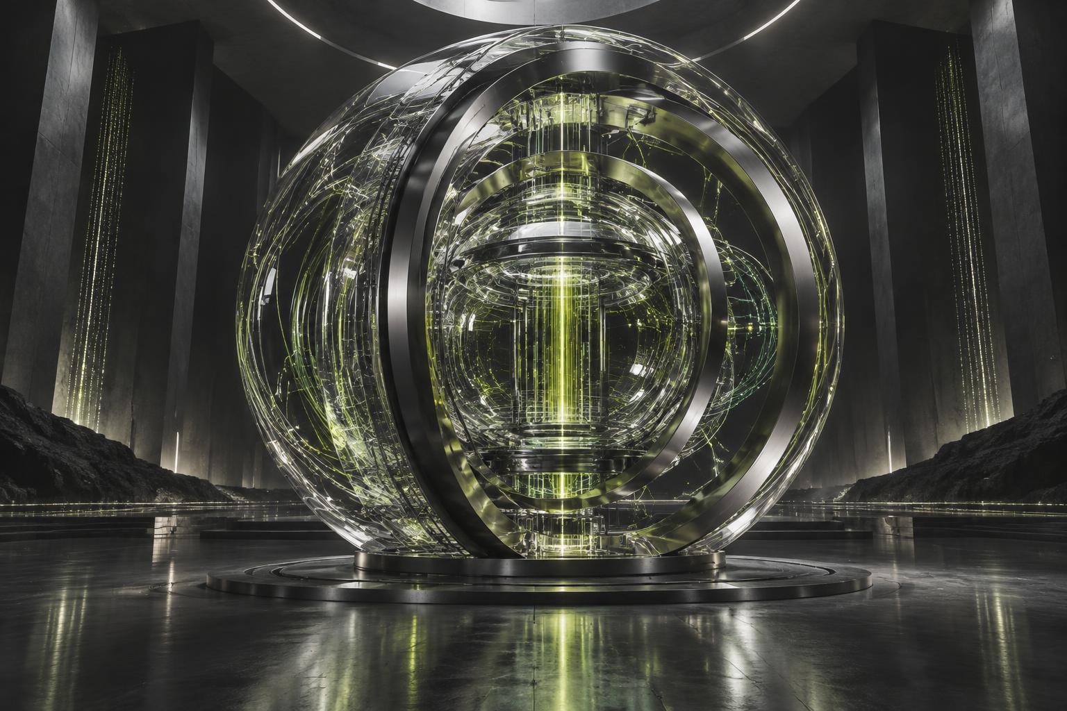 A glass and metal intelligence core threaded with subtle green light