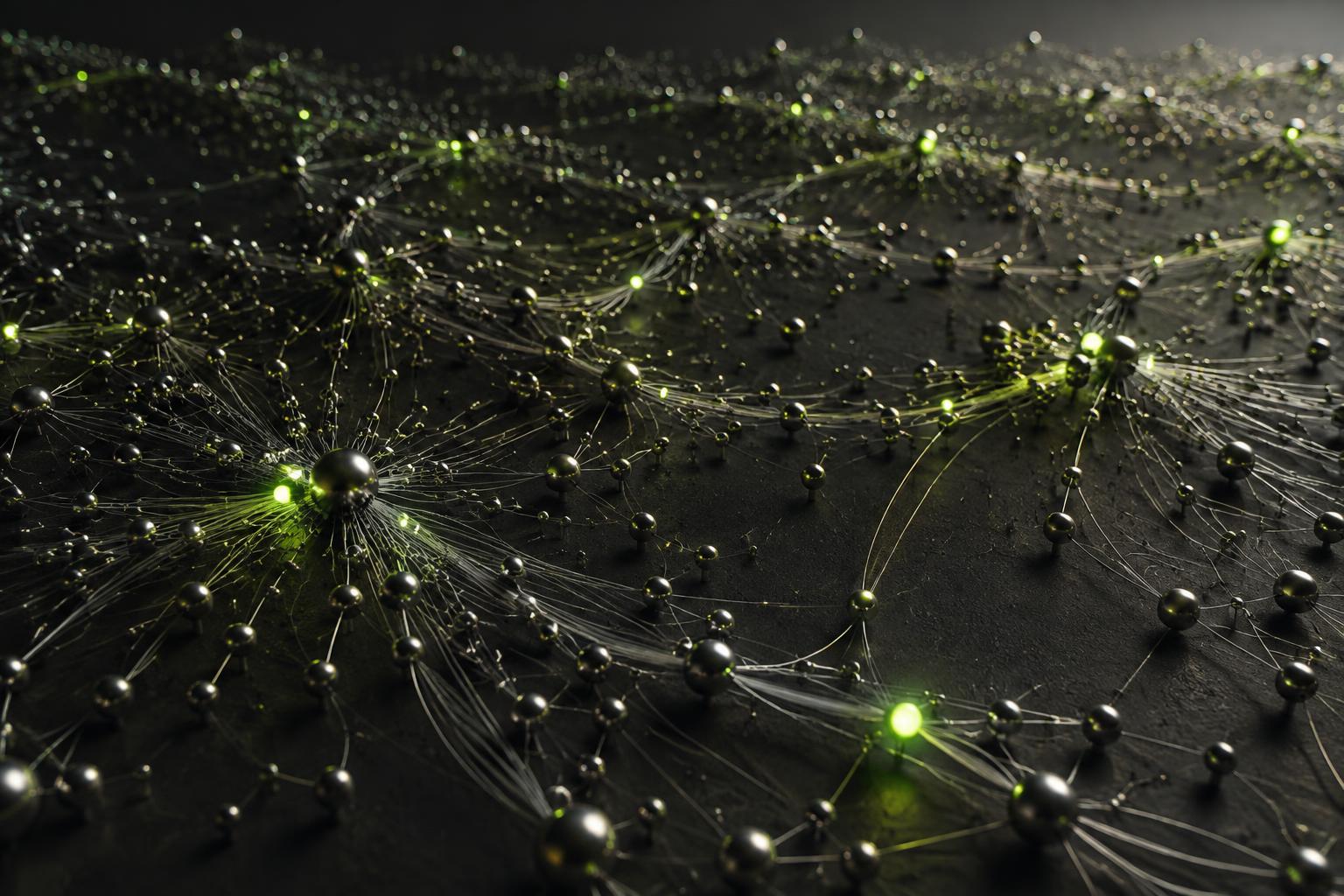Illuminated nodes linked across a dark metallic network
