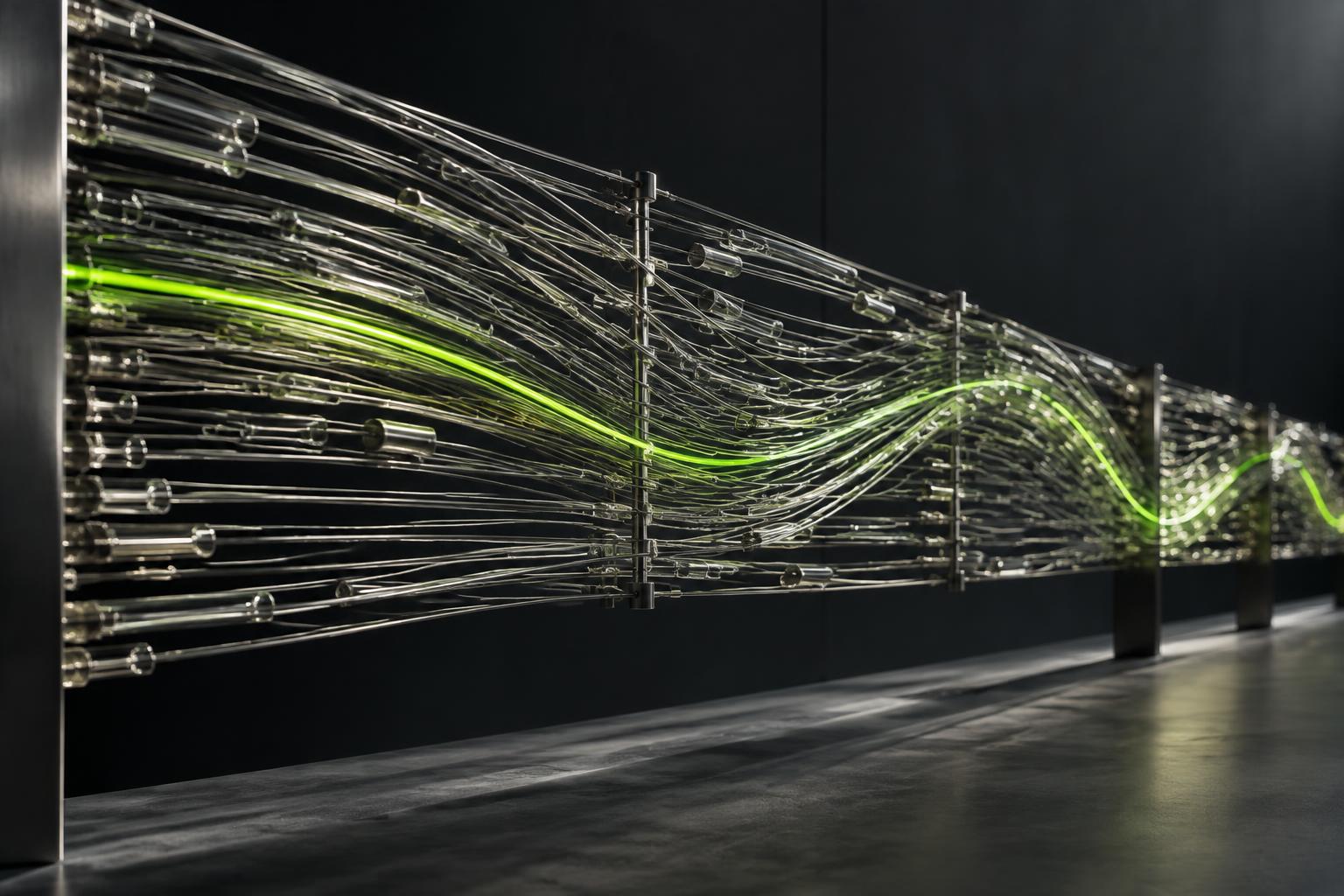 A luminous green signal traveling through a field of fine metallic strands